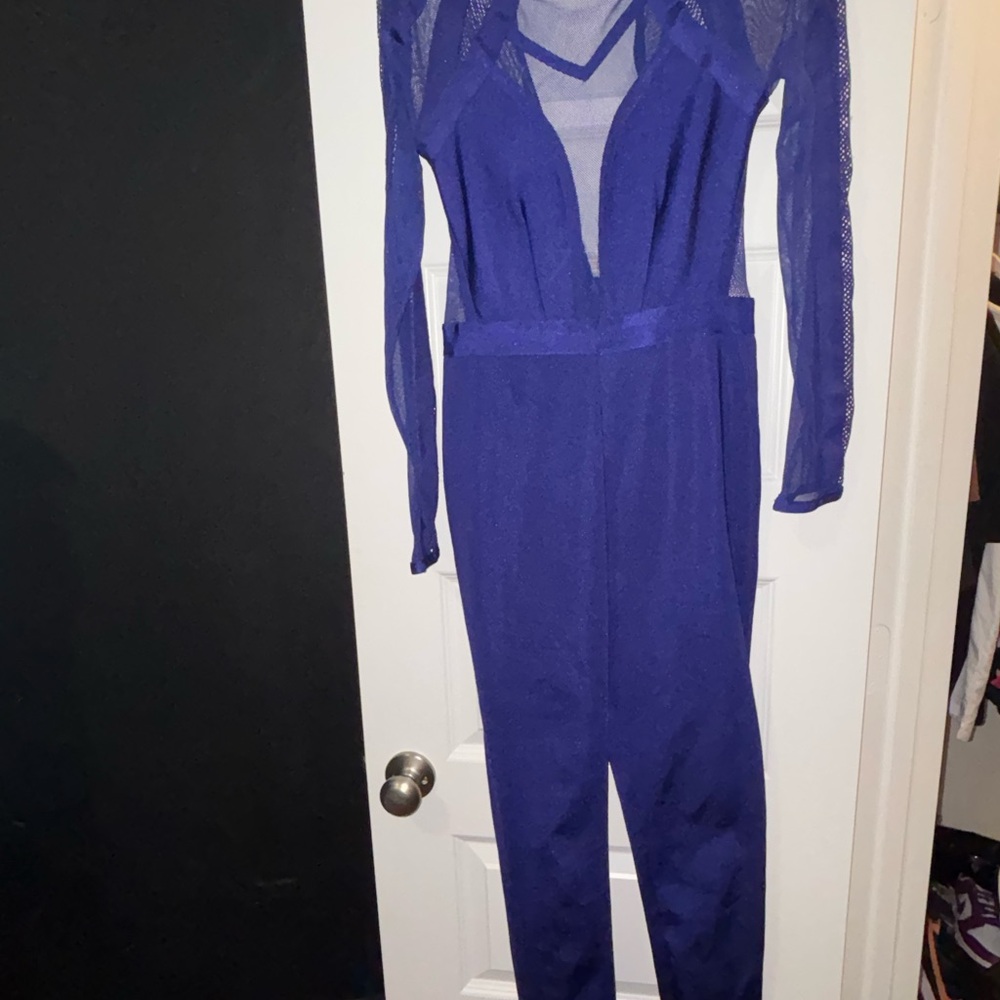 WOW couture Royal Blue Sheer Panel Long Sleeve Jumpsuit